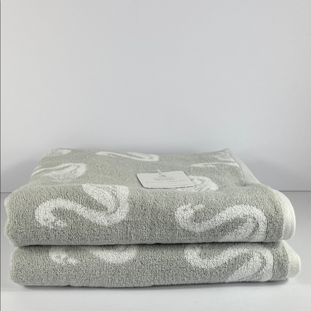 Deborah Connolly Swan Print Bath Towel Set Gray White Quick Dry Cotton 2 Pc NEW